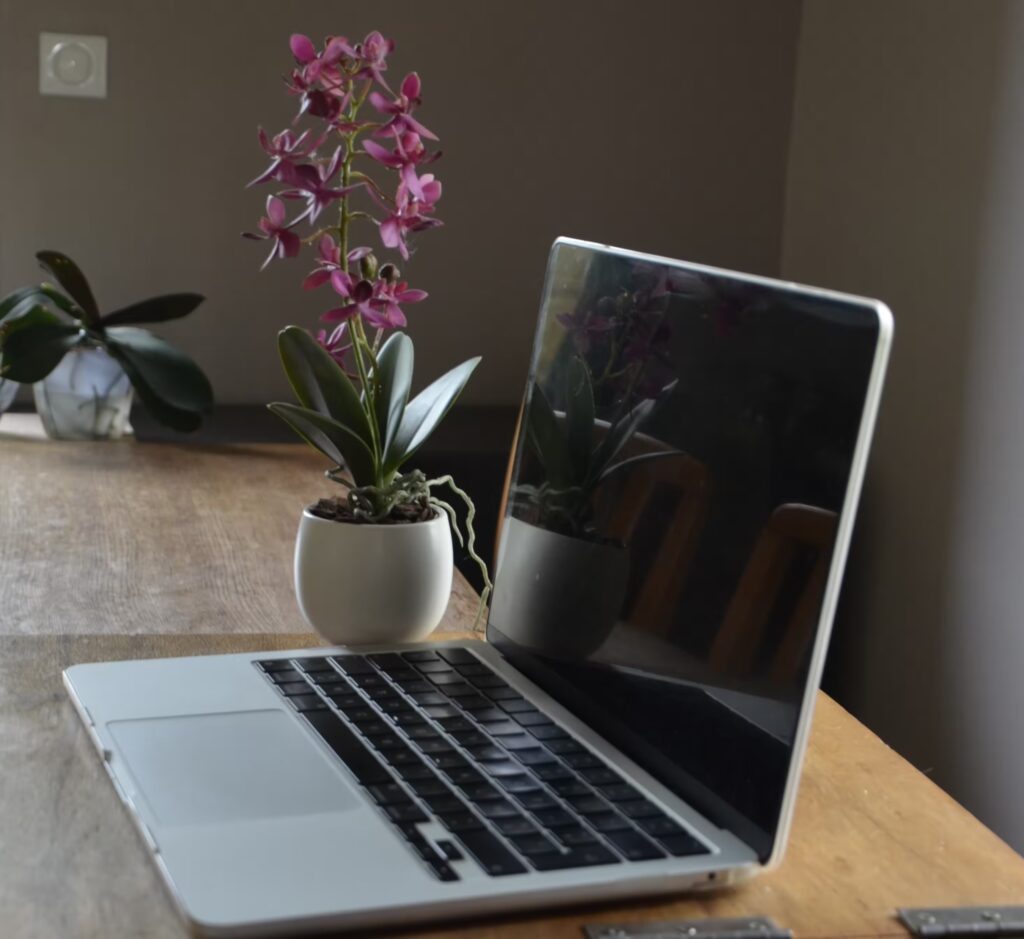 Un ordinateur portable, sur une table. Il y a des orchidée derrière.