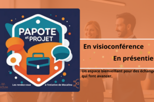 ogo de "Papote et projet by Mocalina" et des écriture à côté : réseaux, détente, discussion, bienveillance, convivialité, soutien