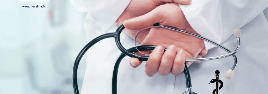Mocalina, consulting et formations. www.mocalina.fr Photographie d'une personne de dos qui tien un stétoscope dans son dos. Un caducé infirmier est sur le côté