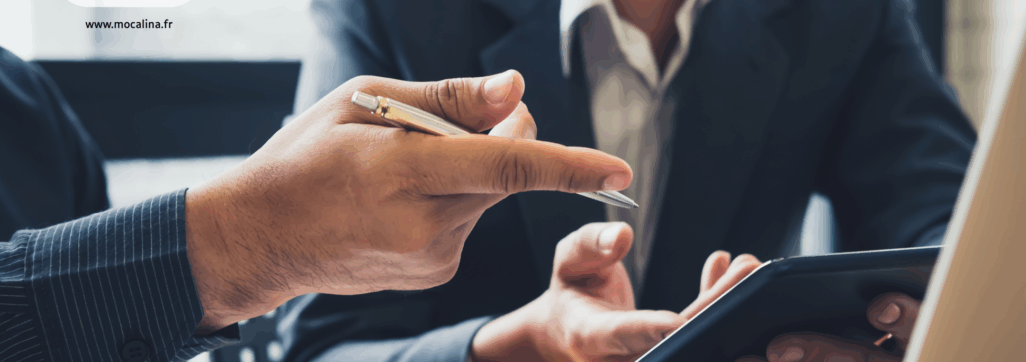 Mocalina, consulting et formation. Manager une personne en situation de handicap. Photographie avec deux personnes qui travaillent sur un ordinateur. On ne voit que leur main et un bout de leur torse. Ils sont habillés en costume
